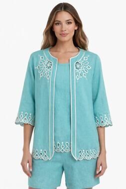Bob Mackie Wearable Art 2000s Turquoise Linen Embroidered Twin Set XS